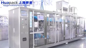 Envasadora horizontal de bolsas con spout, llenado con 2 boquillas