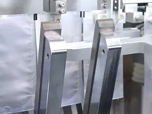 Envasadora horizontal de bolsa stand up con spout, llenado con 2 boquillas