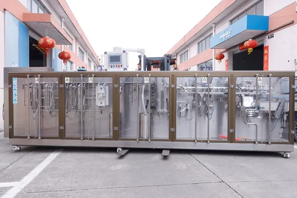 Envasadora horizontal de bolsas stand up con zipper, llenado con 2 boquillas